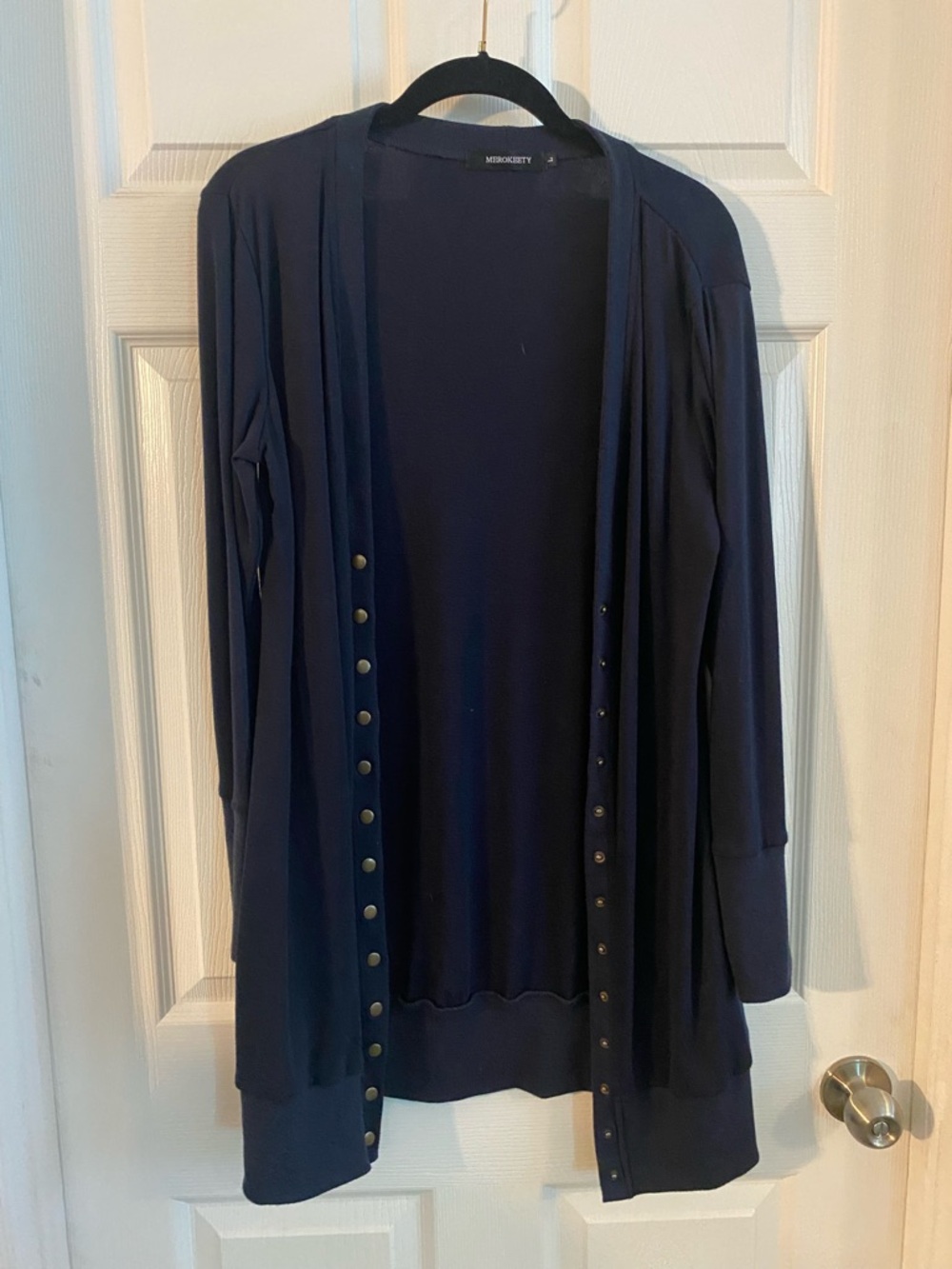 Micros Navy Open-Front Long Cardigan with Snap Trim
